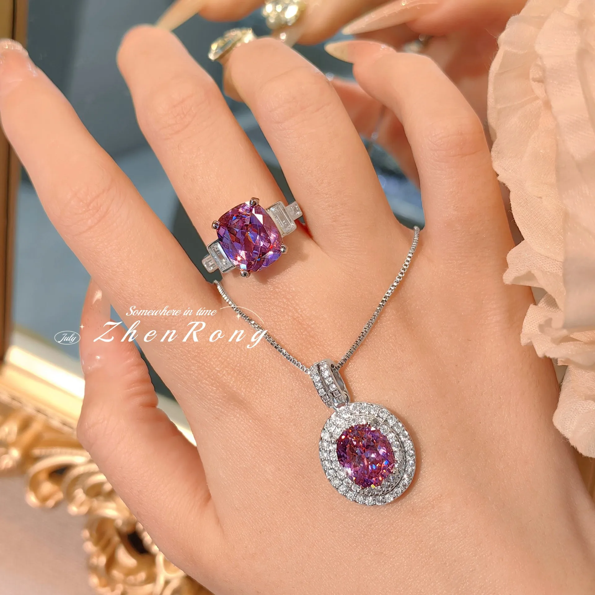 Foydjew Fashion Luxury Large Carat Oval Cut Pink Cubic Zirconia Pendant Necklaces Women Silver Color Rings Wedding Jewelry Sets