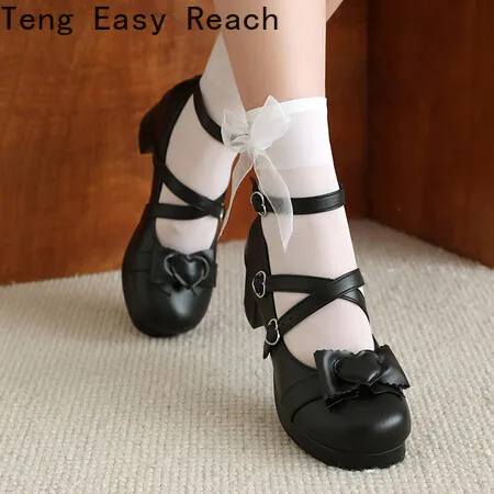 2024 donne tacchi alti cinturino incrociato Mary Jane Pumps Party Wedding bianco rosa nero Ruffles Bow Princess Cosplay Lolita Shoes34-48