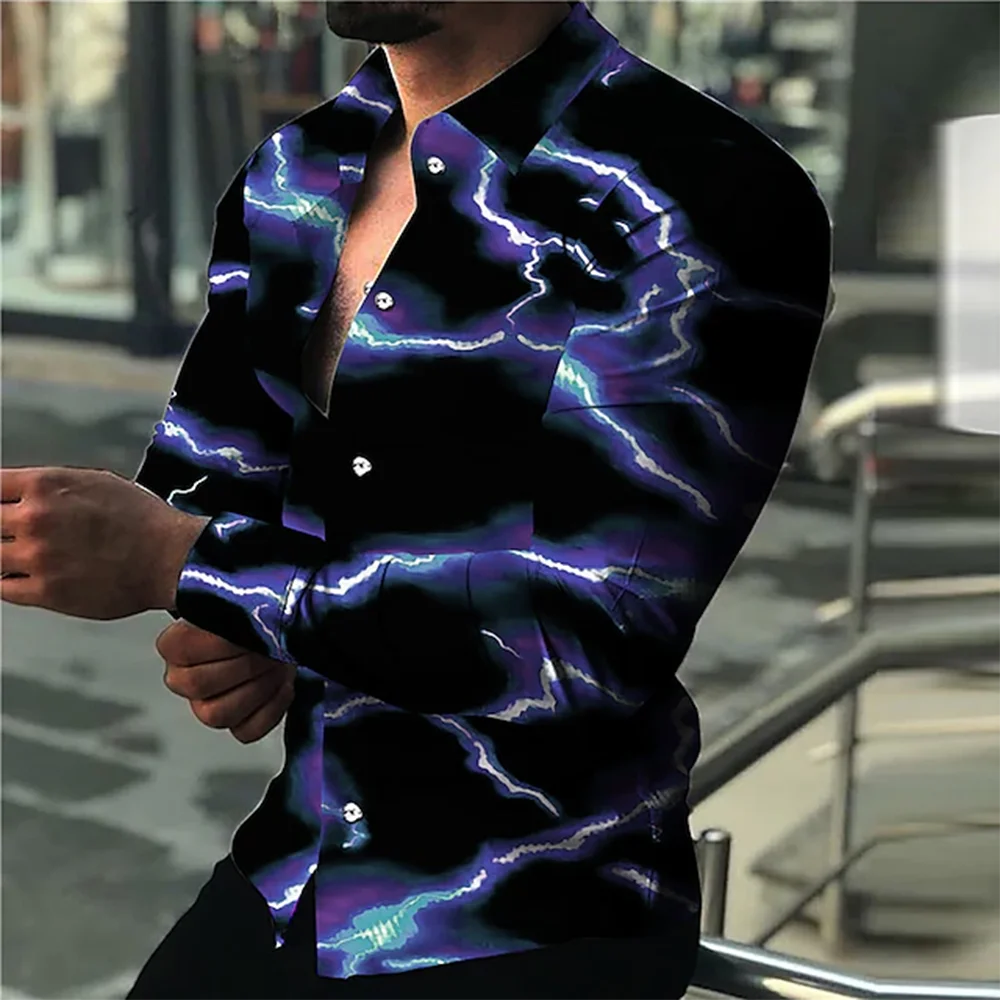 2024 Plus Size 3d Corrugated Printed Men's Long Sleeve Shirts Streetwear Single-Breasted Lapel Basic Tops T-shirt Men's Clothing