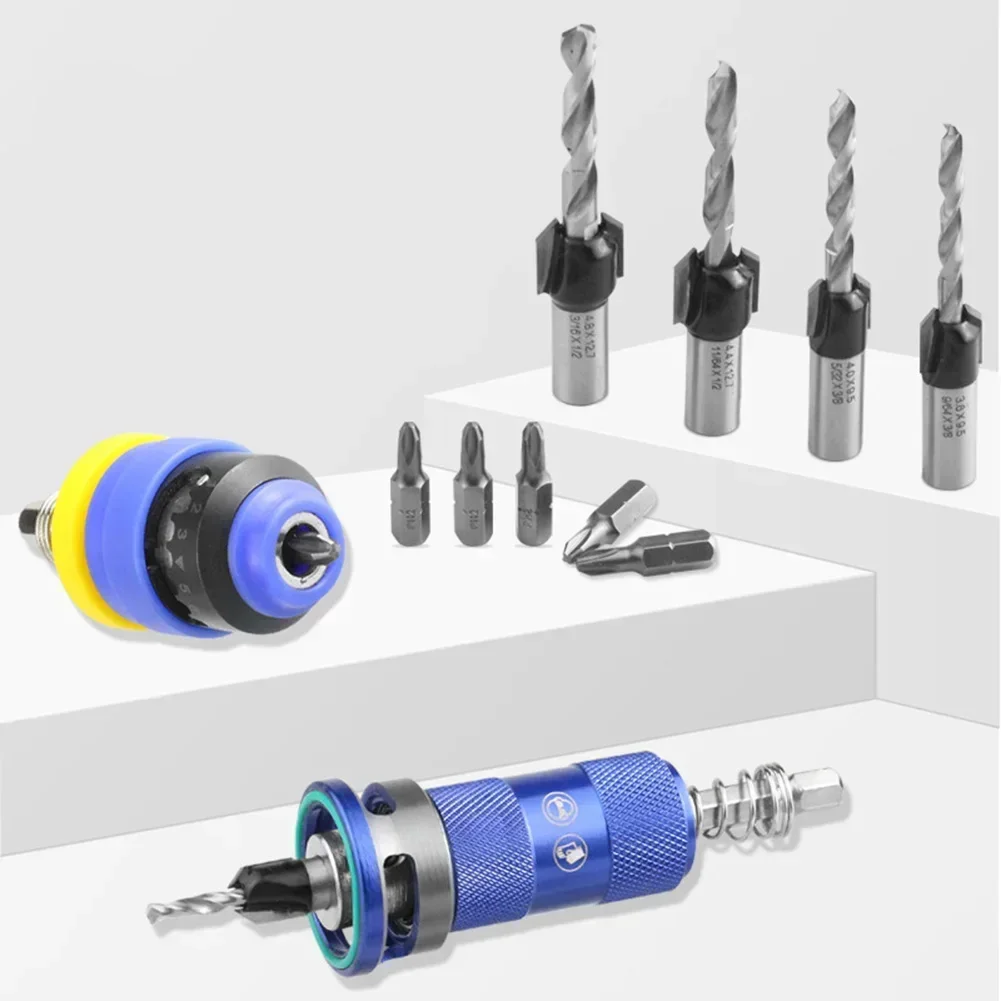 Counterbore Drill Bit Set with Adjustable Depth Stop for Controlled Woodworking Drilling and Accurate Penetration