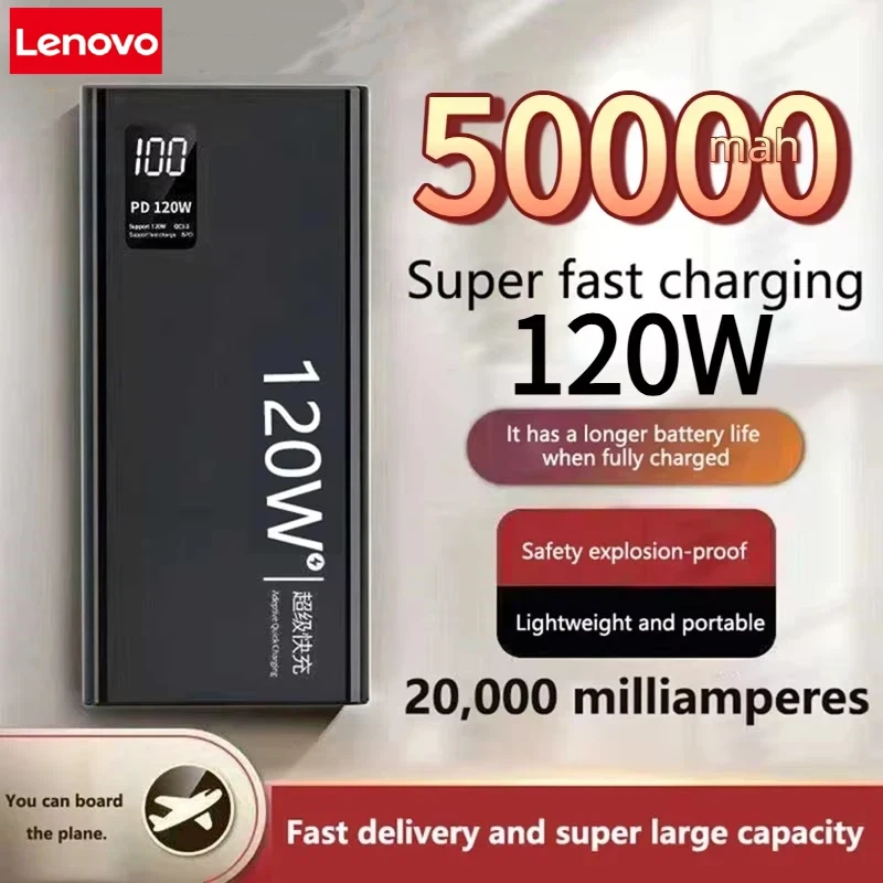 Lenovo 50000mAh High Capacity Power Bank Fast Charging Powerbank Portable Battery Charger For iPhone Samsung Huawei New