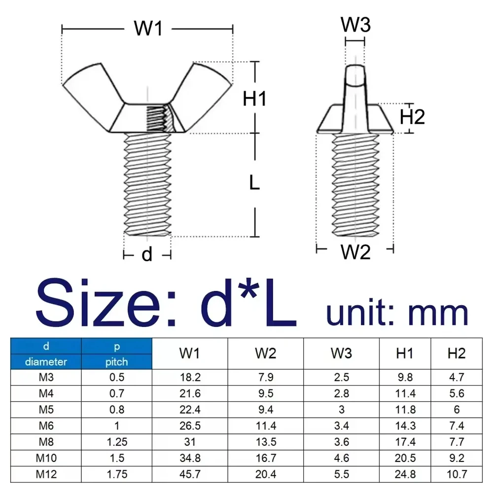 2-10pcs Butterfly Screw Stainless Steel Wing Bolts M3 M4 M5 M6 M8 Wing Head Thumb Screws Claw Hand Tighten Screw Bolt DIN316