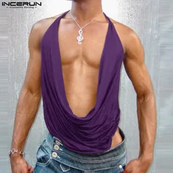 Sexy Stylish Style Tops INCERUN New Mens Backless Swing Neck Design Vests Casual Streetwear Solid All-match Sleeveless Tank Tops
