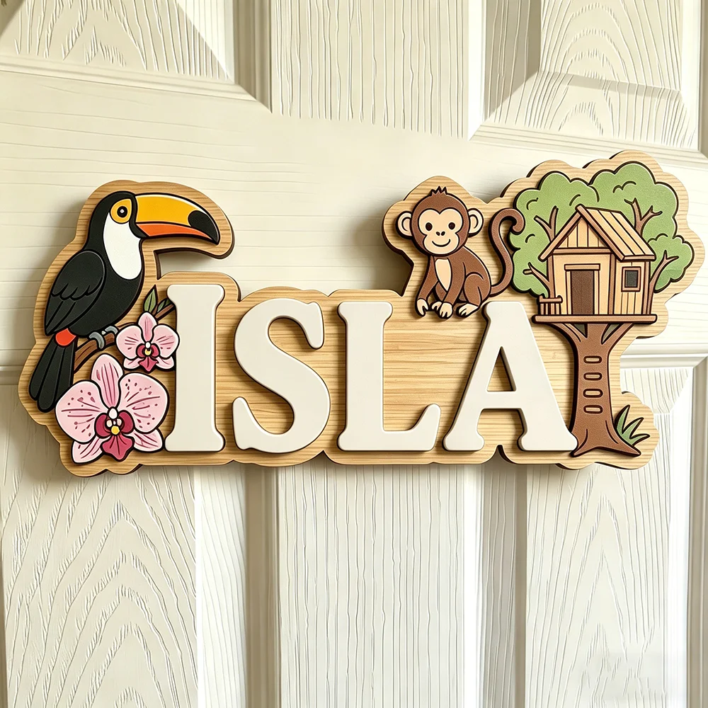 Whimsical Rainforest Adventure Custom Name Plaque for The Dearest Baby, 3D Wooden Kids Door Sign with Toucan, Monkey & Treehouse