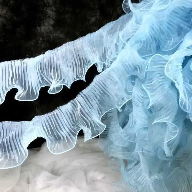 1 meters 3D Pleated Organza Lace Trim off white light blue ruffled Ombre lace Trim  Wedding Gown, Party decoration, 3.5