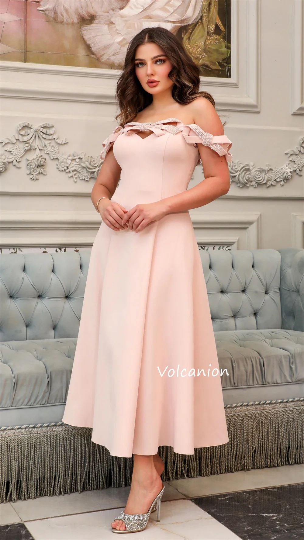 Personalizado jérsei arco beading fora do ombro a linha vestidos midi sob medida ocasião festa moda simples correspondência