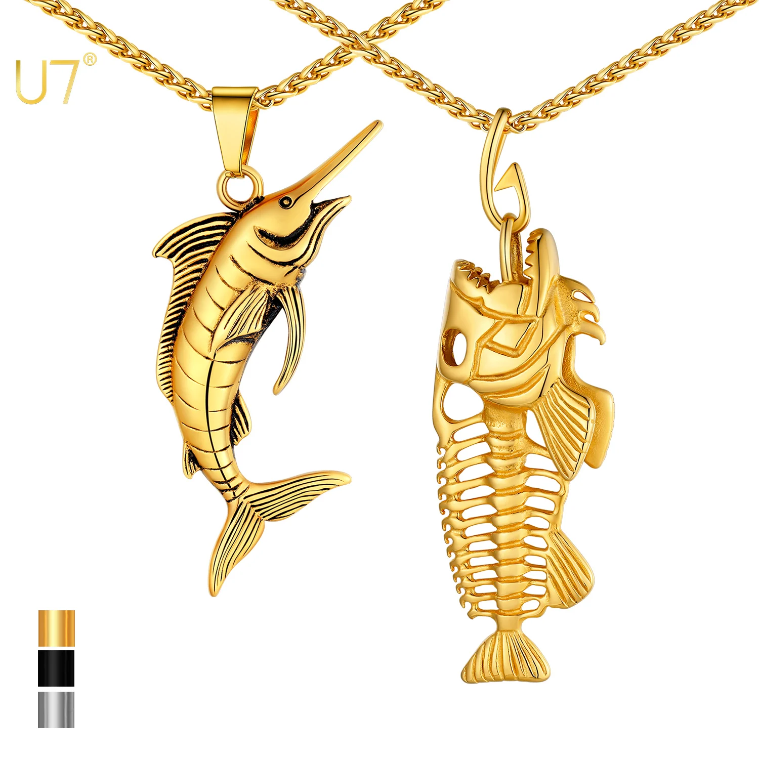 U7 Swordfish Fish Necklaces 316L Stainless Steel Fish Bone Fishing Jewelry Gift for Fishing Enthusiast for Husband Father
