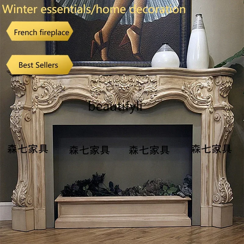 a95 French light luxury retro solid wood carving flower old fireplace European style, decorative fireplace frame background wall
