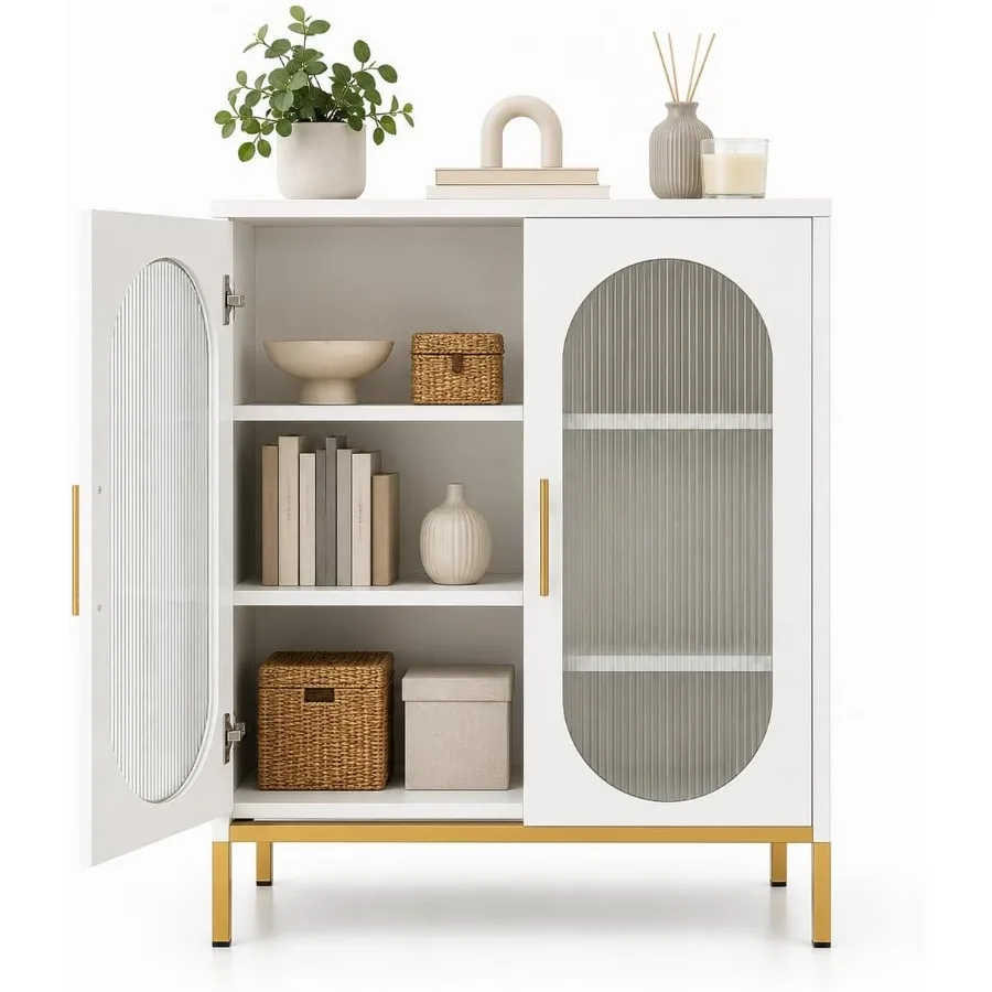 Fluted Glass 2-Door Display Cabinet for Living Room, White Metal Frame, Matte White Finish, Space-Saving Modern Design with Adj