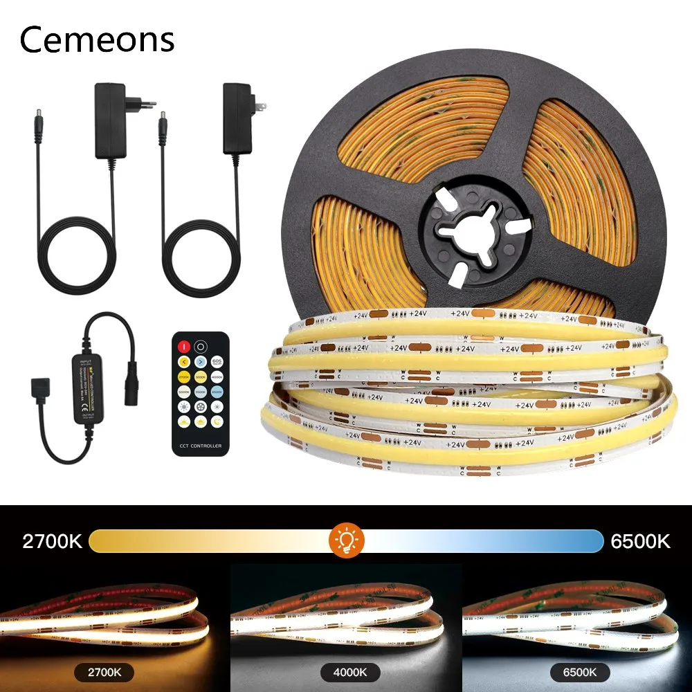 

Dimmable COB LED Strip with CCT LED Remote Control Full Set 576LEDs High Density Flexible COB Strip Lights for Room Decor