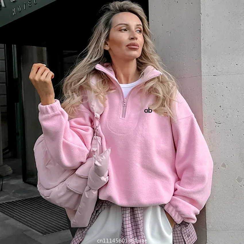 NEW Women Autumn Winter Zipper Loose Sweatshirt Elegant Solid Pullover Casual Top Streetwear Fleece Hoodies Elegant Stand Collar