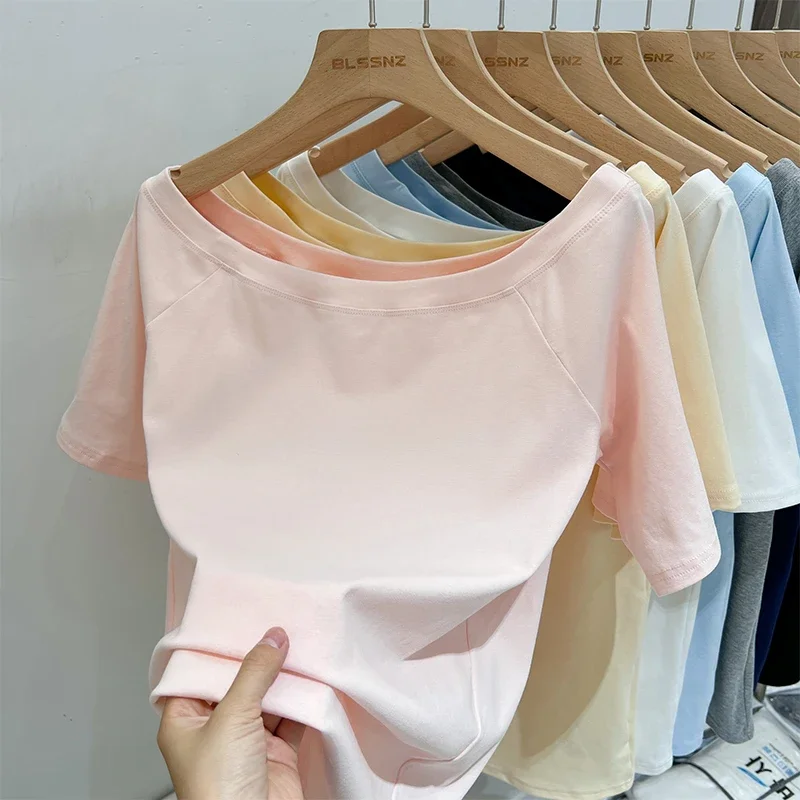 2025 frau Vintage Slash Neck Lose T Sommer Off Schulter T-shirt Frauen Sexy Y2K Koreanische Mode Tops Shirt Femme Kleidung