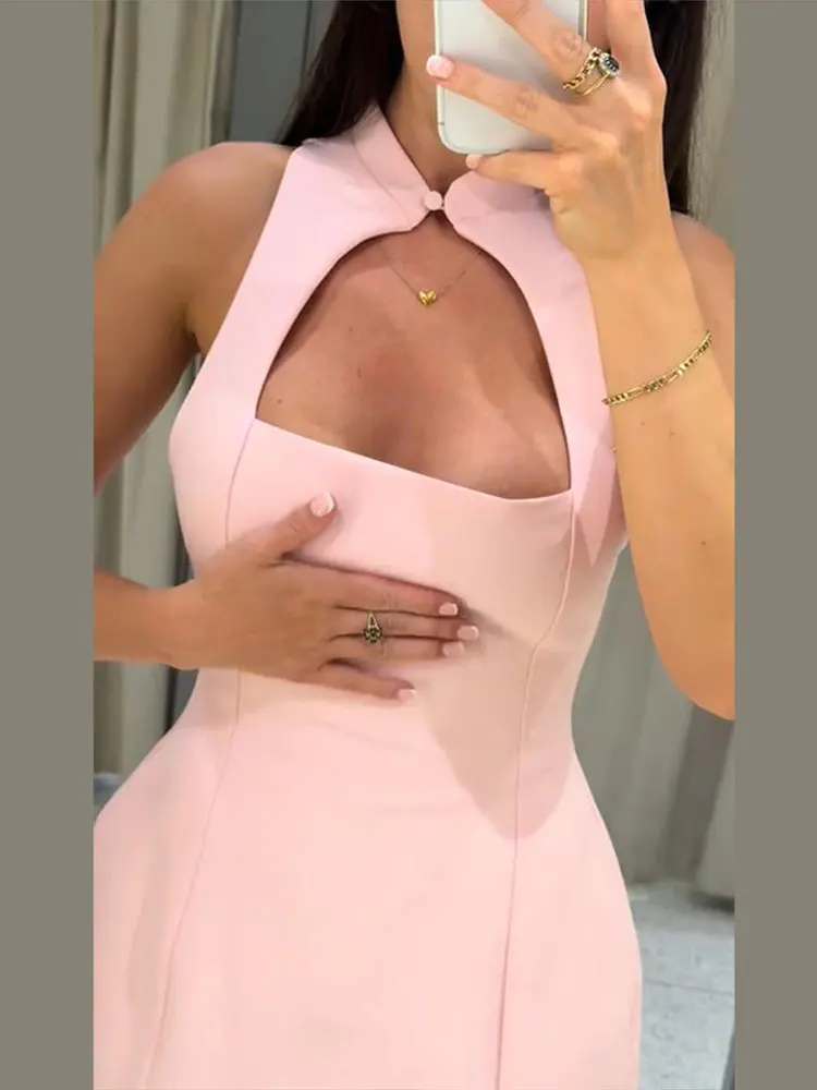 Plissiertes, ausgeschnittenes, tailliertes Minikleid für Damen – sexy, ärmellos, mit Einzelknopf und Reißverschluss, schmal geschnitten, charmantes Partykleid, neu – Detail 17