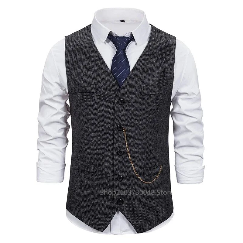 New Arrival Dress Vests For Men Slim Fit Mens Suit Vest Male Herringbone Waistcoat Casual Sleeveless Formal Business Jacket