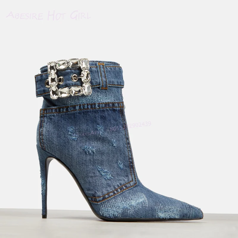 Blue Vintage Denim Ankle Boots Women Crystal Block Buckle Ankle Straps Booties Stiletto Street Fashion Sporty Patchwork Shoes