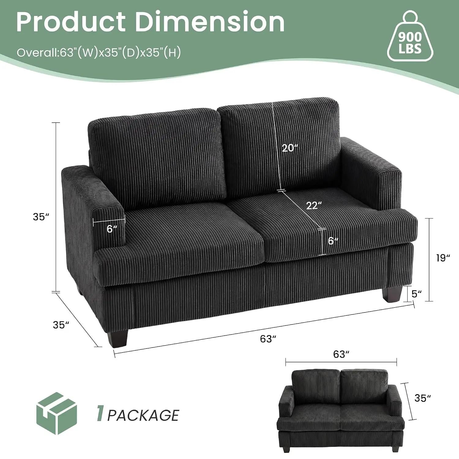 2 Pieces Corduroy Couch Set for Living Room, Black Cloud Sofa, Deep Seat Floor Couch for Bedroom, Futon Modern Sofa, Customized
