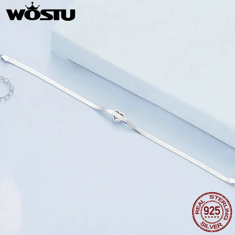WOSTU 925 Sterling Silver Shining Heart Bracelet with Zircon Original Fine Jewelry for Women Party Wedding Romantic Gift