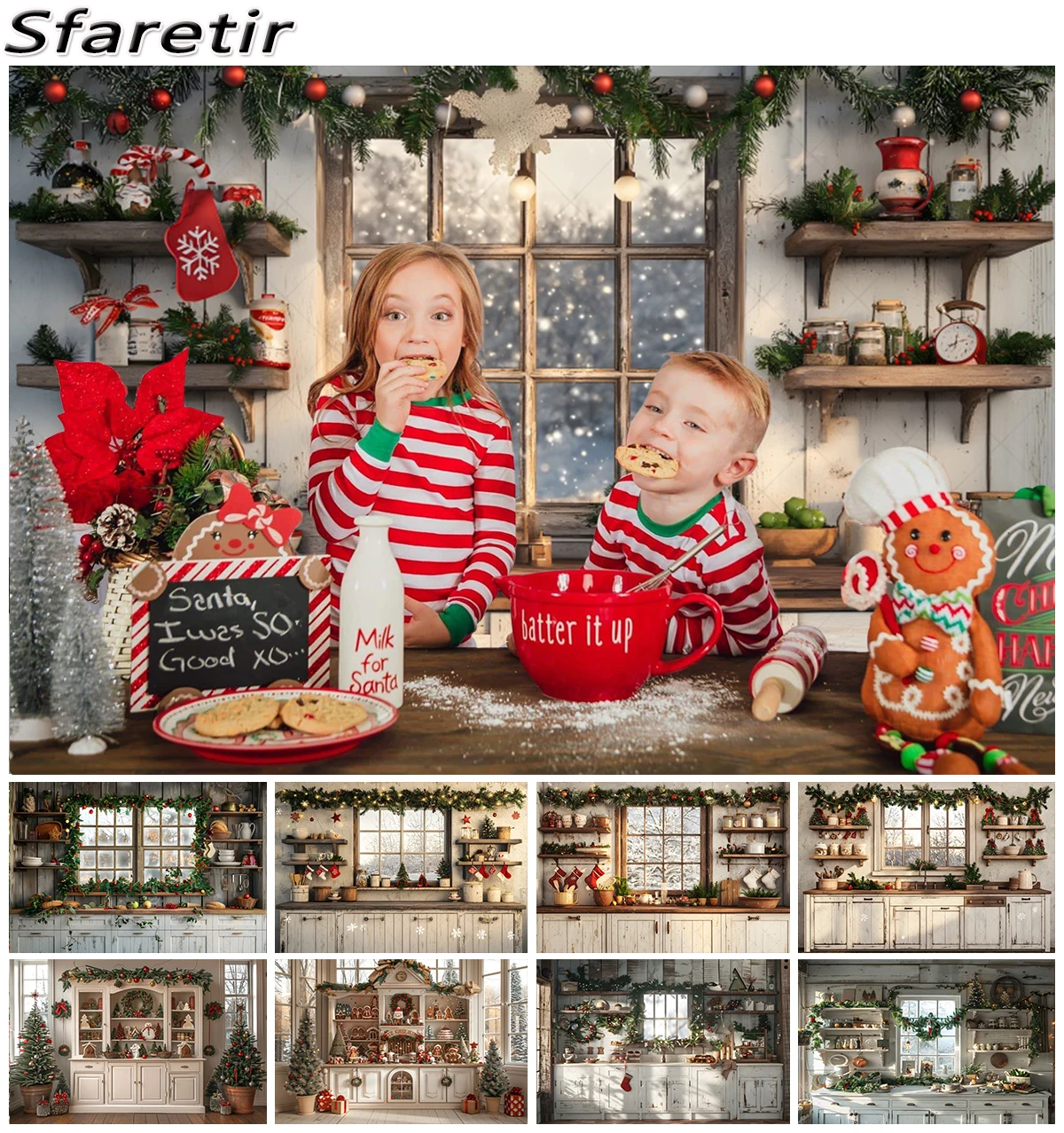 Christmas Kitchen Cabinet Photography Background Window Xmas Tree Gift Kids Family Portrait Christmas decoration Photo Backdrop