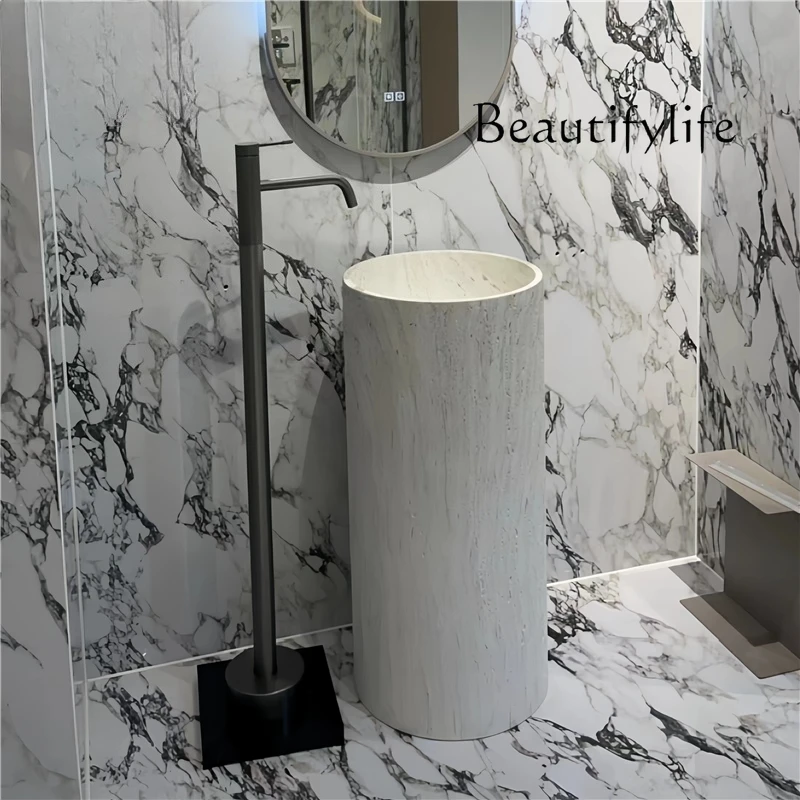 

French light luxury artificial travertine floor wash face sink bathroom balcony household round column basin