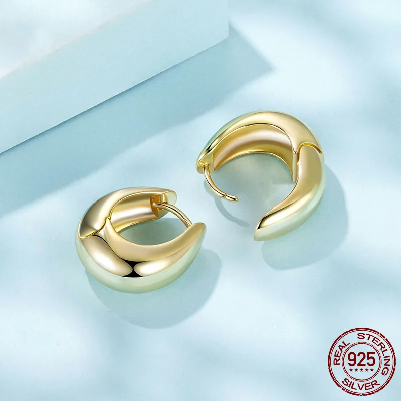 LAYA White Gold Plated 925 Sterling Silver Post Glossy Hoop Earrings High Polished Trendy Fashion Jewelry for Women Simple Style