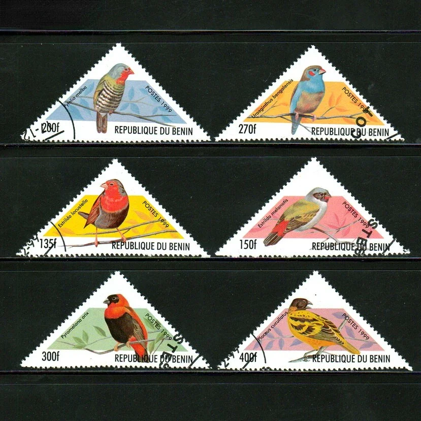 6 pezzi/set francobolli Benin 1999 francobolli contrassegnati a triangolo di uccelli per la raccolta