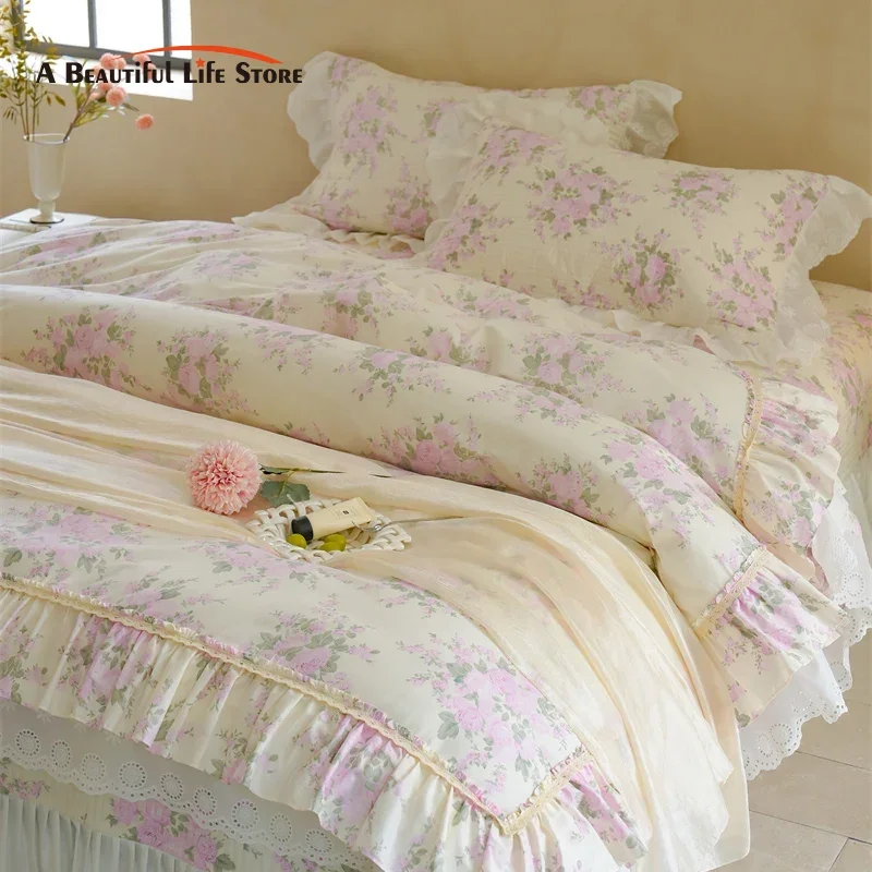 French Pastoral Floral Pure Cotton Quilted Bed Cover Bedding Set Korean Lace Ruffles Duvet Cover Bedspread Bed Sheet Pillowcases