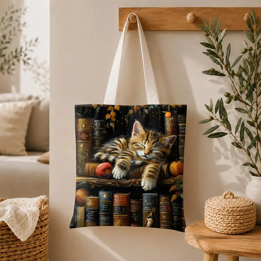 Bookshelf Sleeping Cat Storage Bags Large Canvas Tote Bag Double-Sided Print Reusable Shoulder Handbag for Daily Shopping