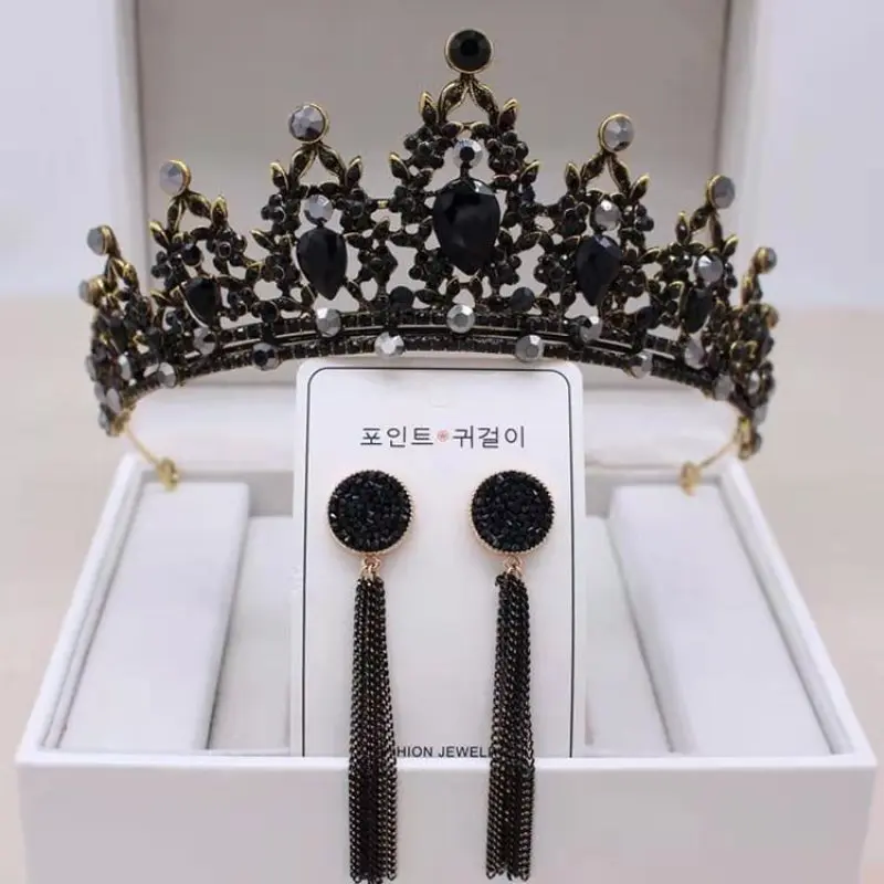 Baroque Womens Black Crown Earring Set Bridal Tiara Birthday Party Headdress