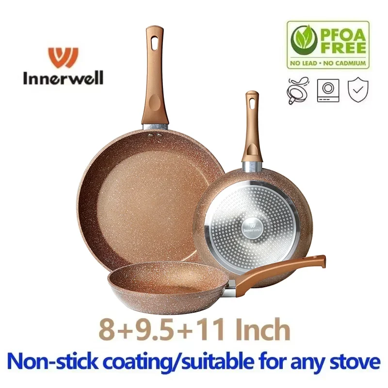 Innerwell 3pcs Frying Pan Sets 8/9.5/11inch Nonstick Nontoxic Cookware Steak Fried Egg Skillets Kitchen Pots Suitable All Stoves