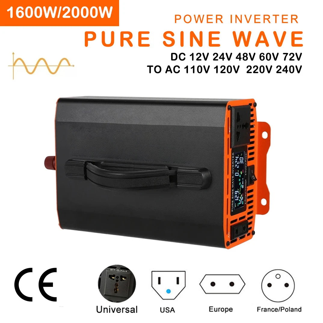 

Pure Sine Wave Car Inverter 1600W 2000W Transformer Power Converter 12V 24V 48V 60V 72V to AC 110V 220V 50hz 60hz Solar Inverter