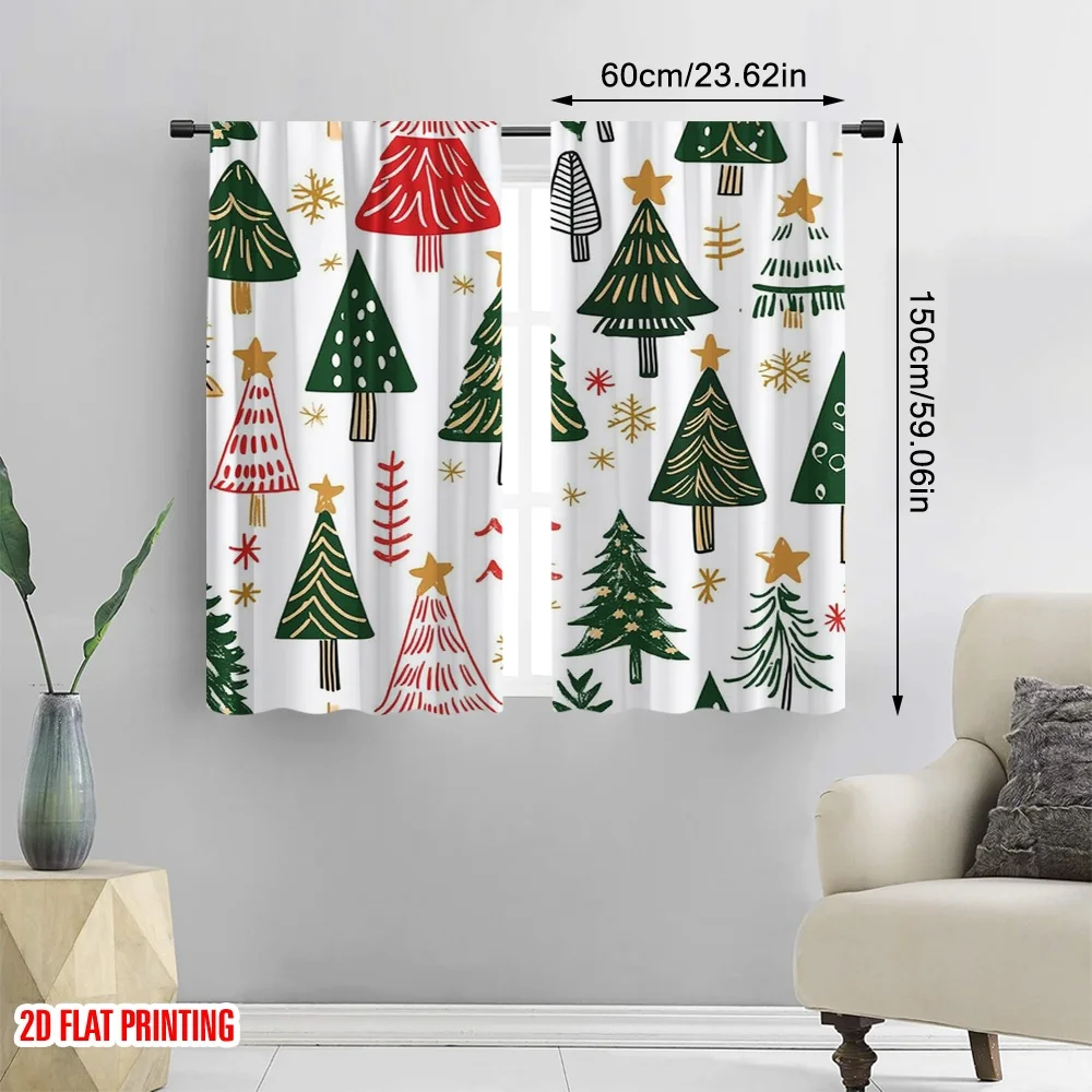 2pcs 2D flat printing Merry Christmas Curtains christmas trees 1 Polyester Without Electricity Party Decorations Use for Indoor