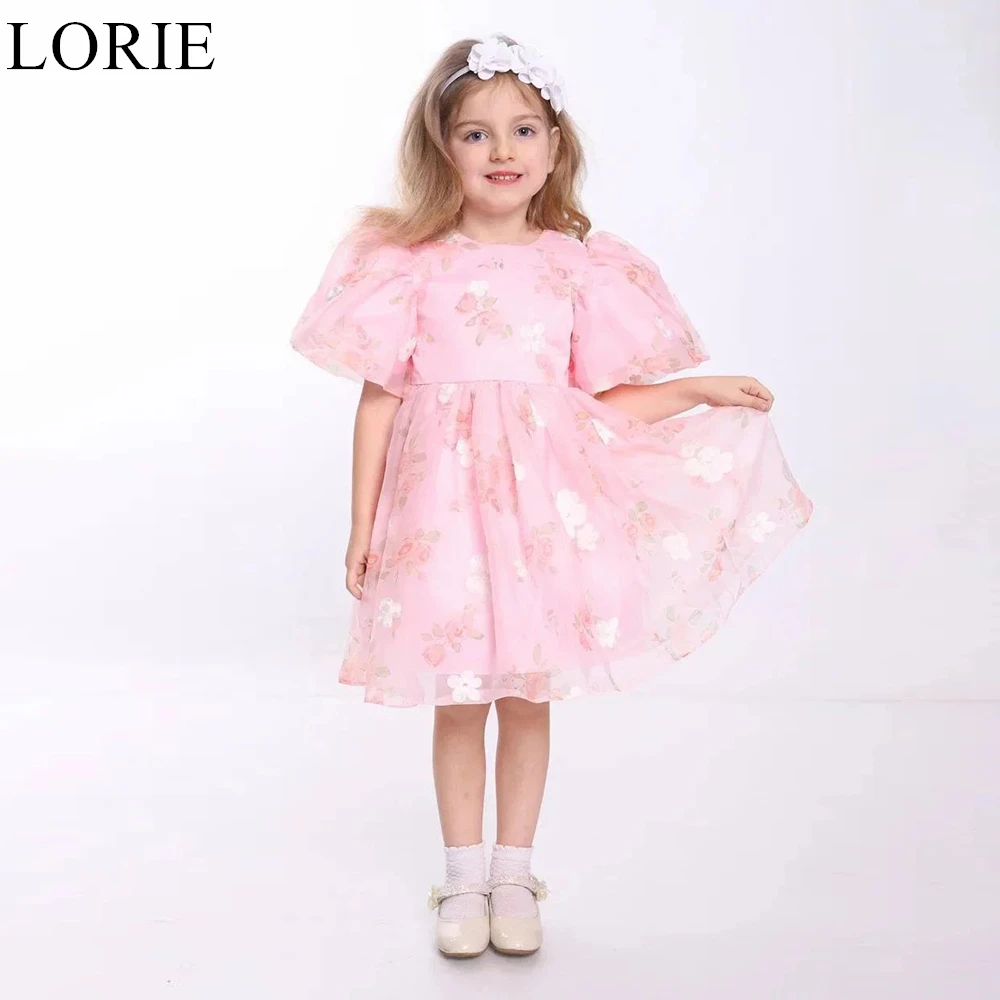 LORIE-vestidos bonitos de flores rosas para niña, apliques de corte en A, cuello redondo, mangas abullonadas, vestido de fiesta de boda, vestido plisado de cumpleaños personalizado