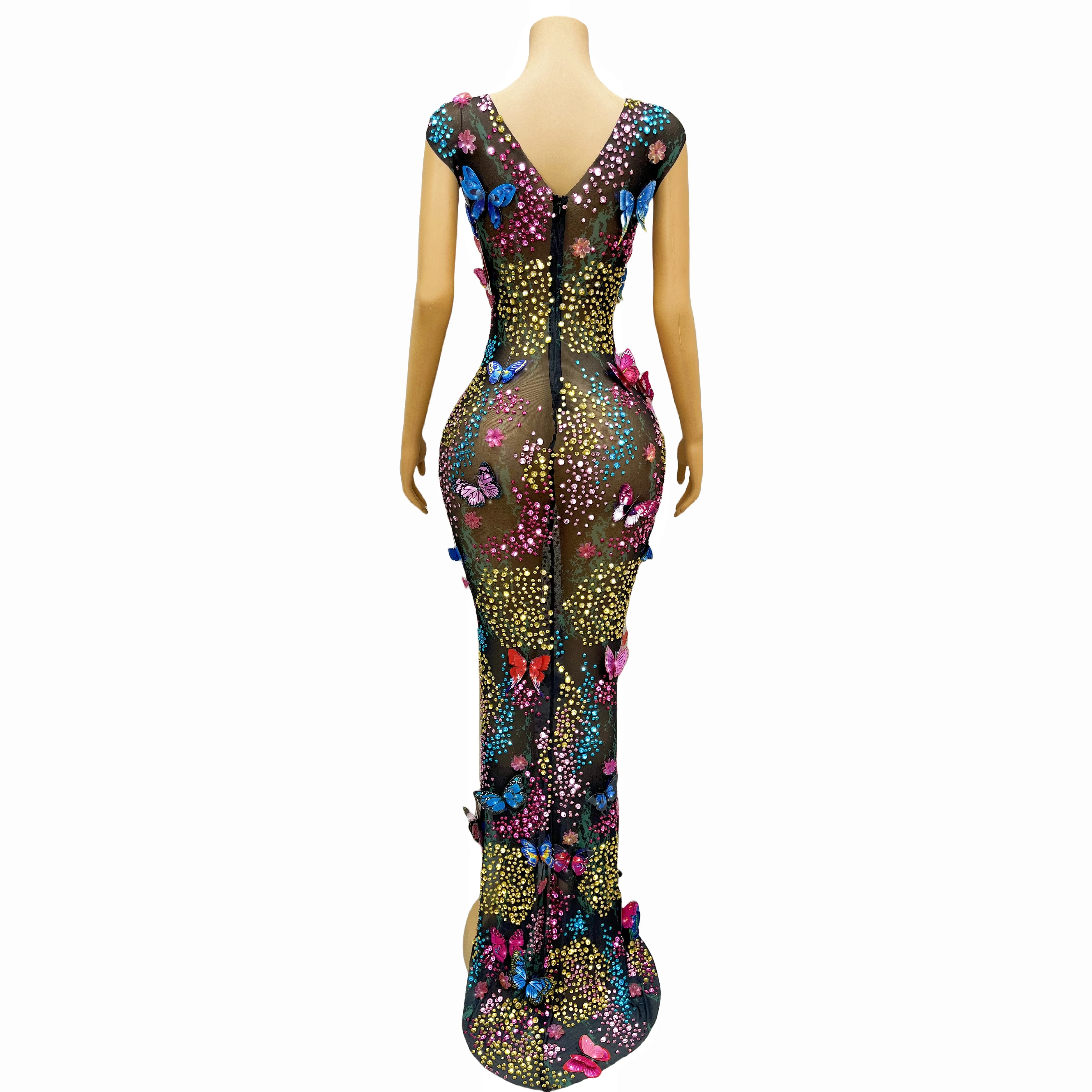 New Designed  Shining Colourful Rhinestones Butterflies Mesh Dress Women Birthday Evening Red carpet gown Strech Costume Zhuidie