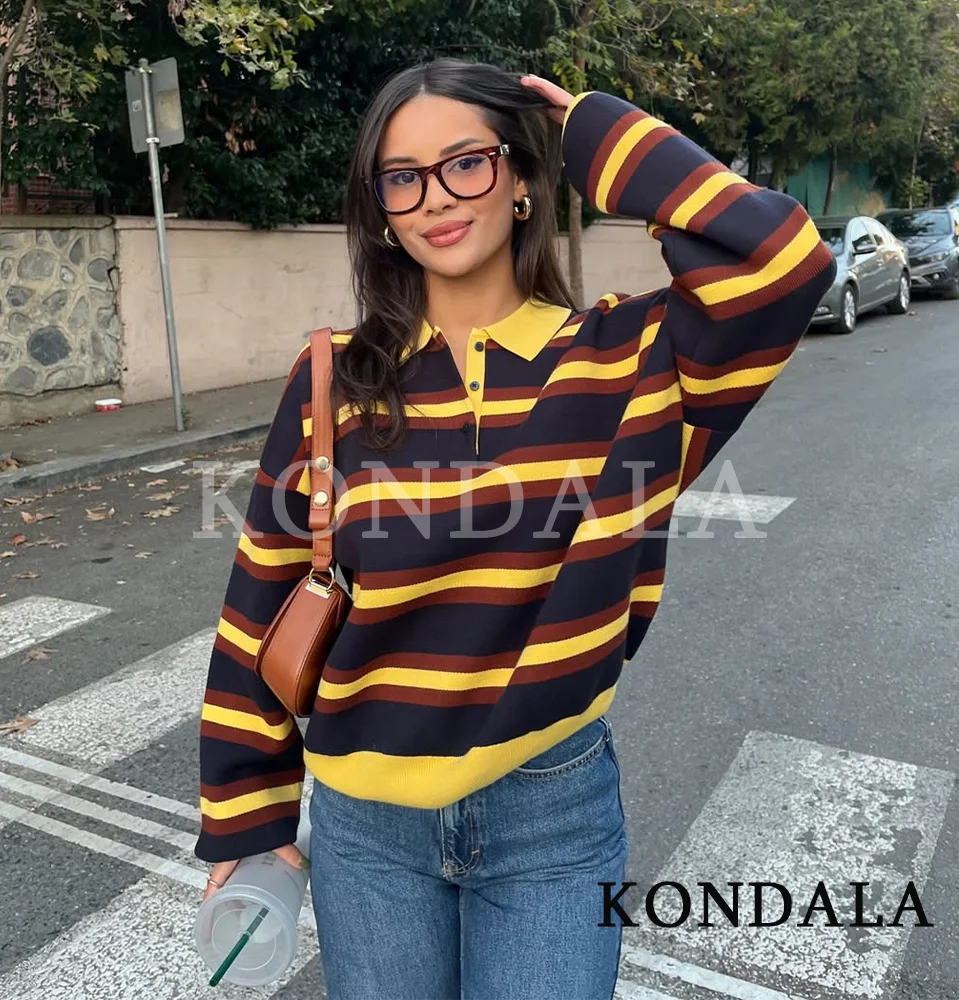 KONDALA High Street Striped Sweater Women Polo Collar Knitted Tops 2026 Spring Fashion Elegant Vintage Female Holiday Sweater
