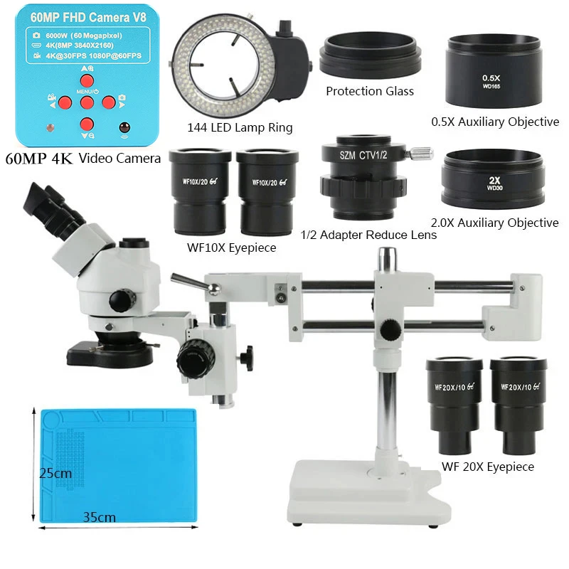 3.5X 90X 180X Simul-Focus Double Boom Stand Trinocular Stereo Zoom Microscope 60MP 55MP 2K 4K HDMI VGA USB Camera For PCB Repair