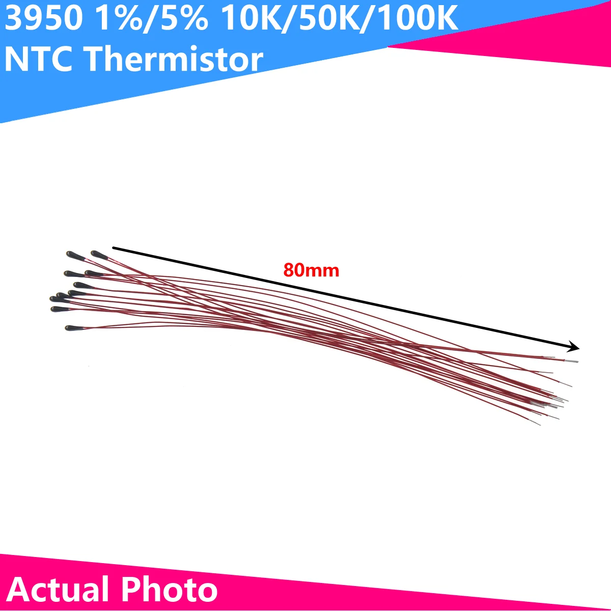 5pcs MF52B103F 80mm 8cm 10K 50K 100K B Value 3950 B Value 3950 1% enameled wire resistance Small blackhead