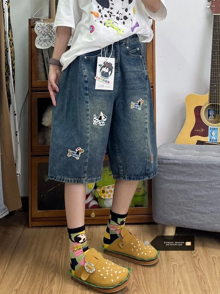 

High Waist American Sle Retro Blue Jeans ort orts Women Summer New Dog Embroidery Drape Wide Leg Pants Loose Fit Pure C...