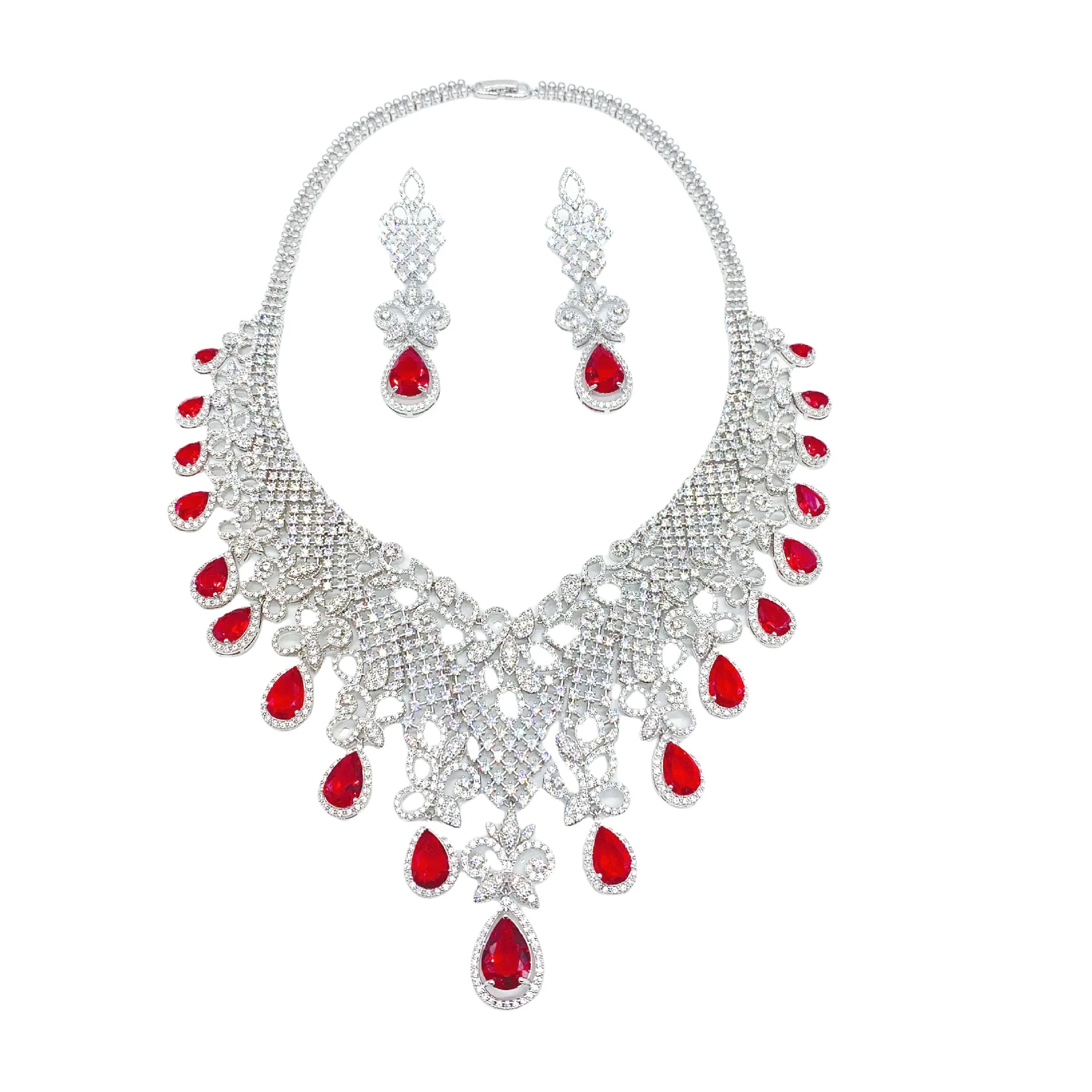 stunning jewelry sets wedding bride large necklace earrings zirconia red white green blue water drop engagement dinner party