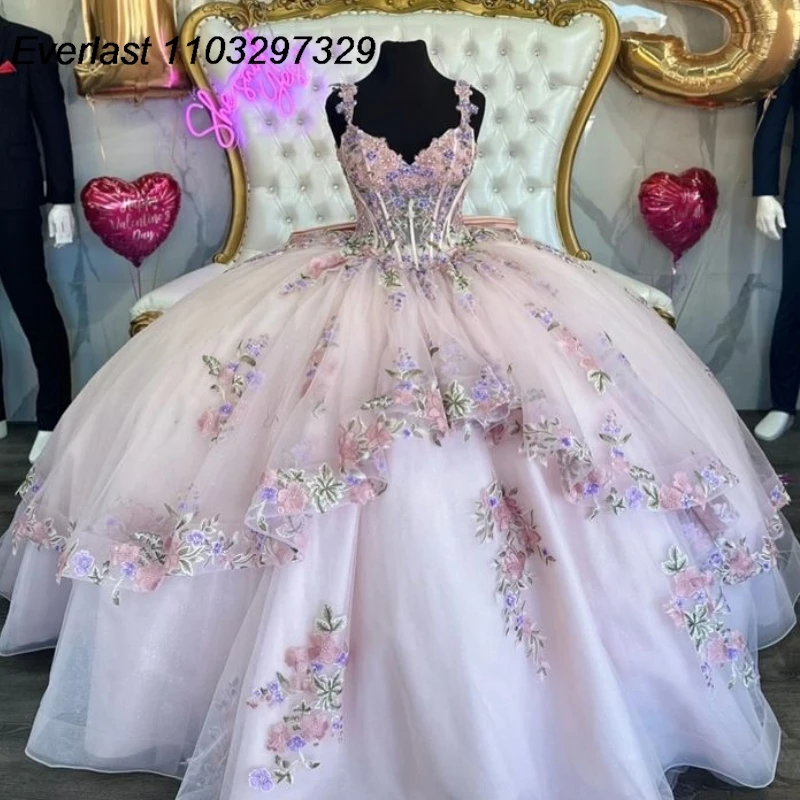 EVLAST abito Quinceanera rosa messicano abito da ballo 3D Applique floreale perline corsetto a pieghe dolce 15 Vestido De 15 Anos TQD569