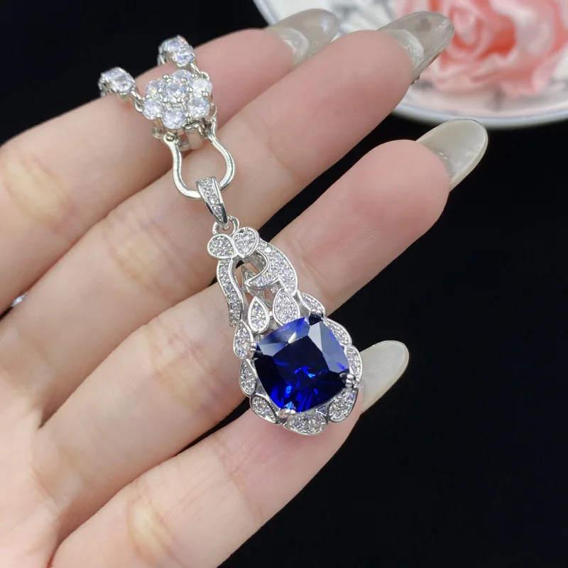 Blue Spinel Fluorescent Light Color-Changing Princess Cut Full Diamond Fashion Pendant Open Ring for Women Earrings Ear Drops