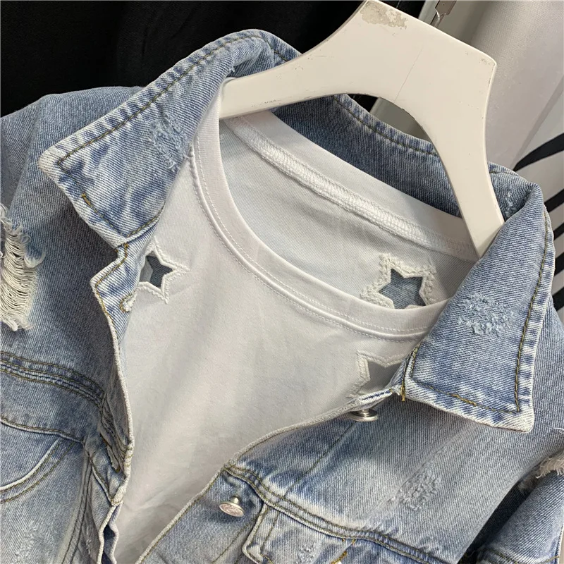 FNOCE 2023 new spring women's ripped jeans jackets fahion trends streetwear personality solid long sleeve slim hole denim coats