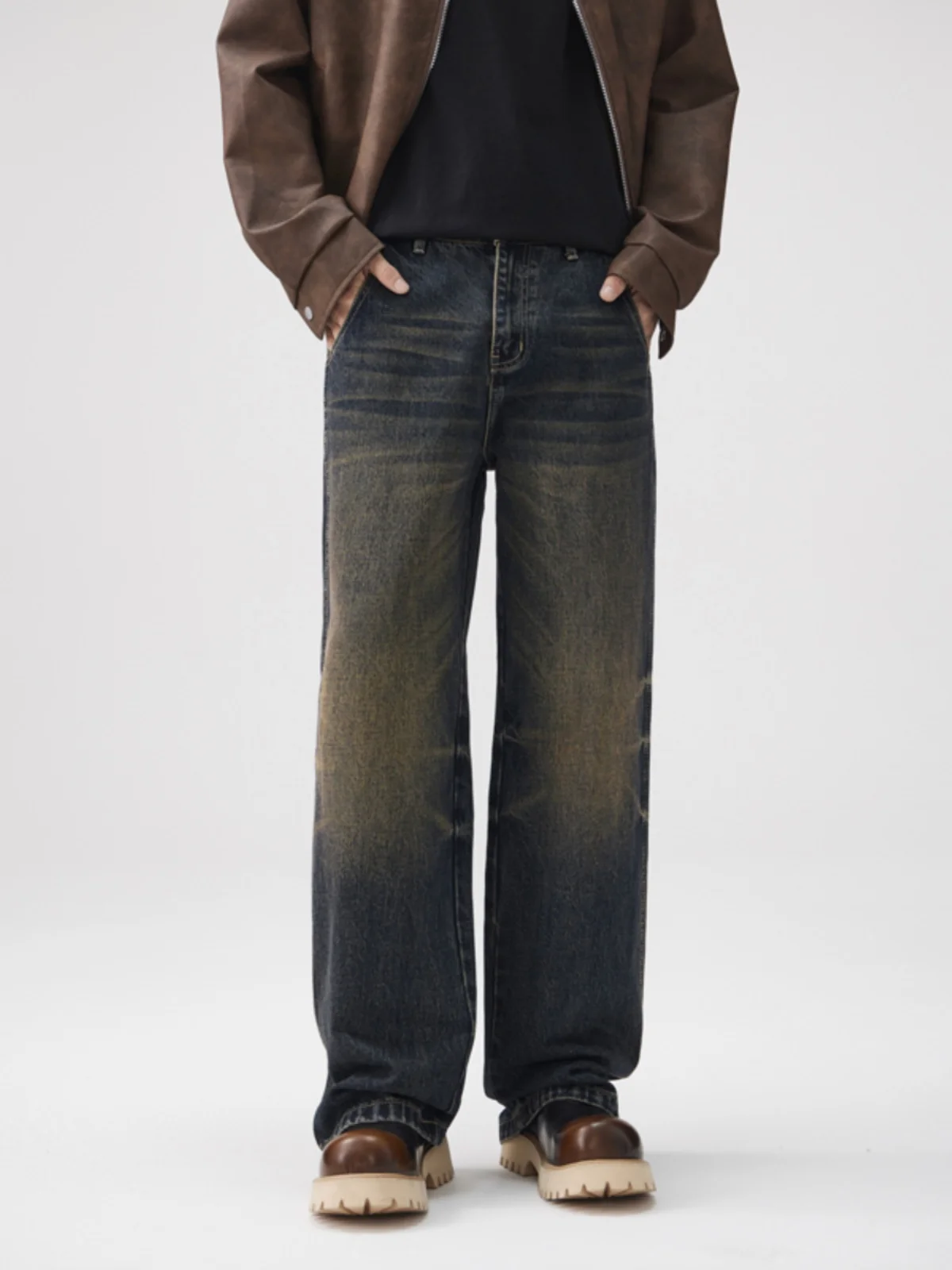 

Мужские джинсы в стиле ретро, свободного прямого кроя, цвета охры, повседневные универсальные длинные брюки, осенняя новинка, широкие джинсы в уличном стиле