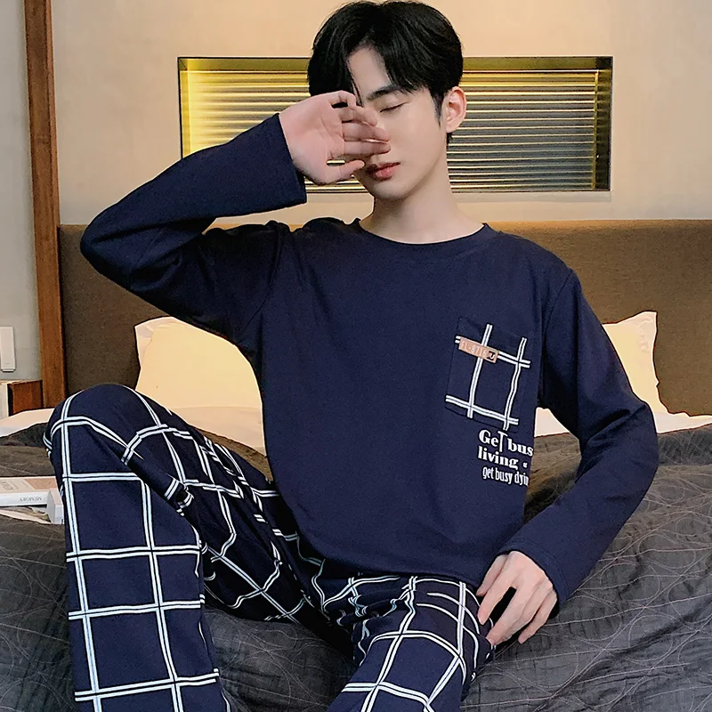 Spring Autumn Men Cotton Pajamas Set Fashion Casual Plaid Sleepwear Suit Home Clothes Loose Home Wear Plus Size 3XL