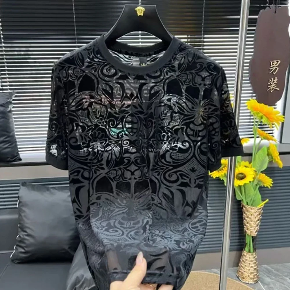 2026 Summer New Men's Sheer Short-Sleeve T-Shirt American Retro Fashion Trendy High Street Loose Casual Breathable Men's Top