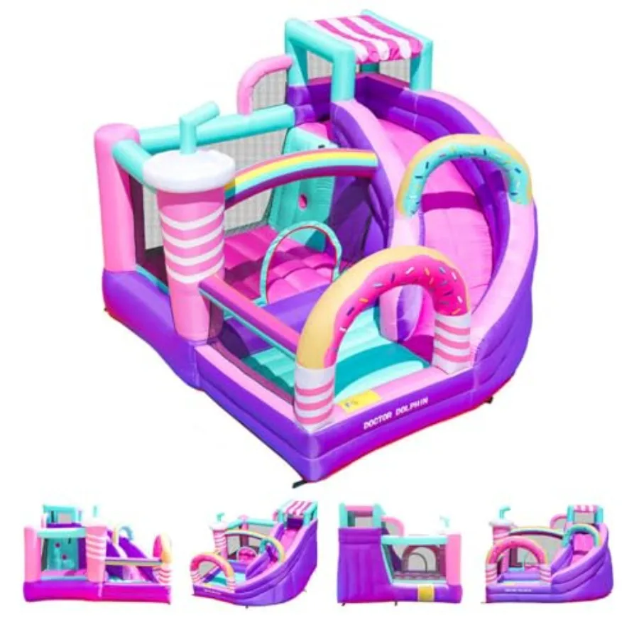 Casa de rebote inflable con tobogán, castillo de rebote, castillo inflable para interiores y exteriores, área de juego multifunción con pared trepadora, rosa a