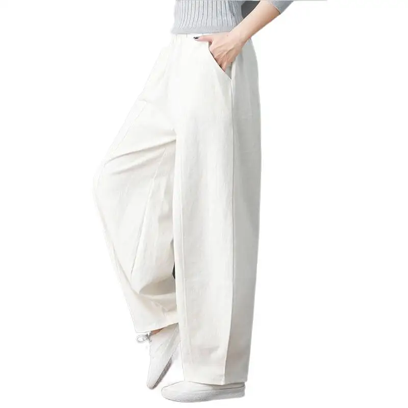 

Spring 2024 Womens Fashion Pants Streetwear Cotton Linen High Waist Long Pants With Pockets Solid Loose Casual Lantern Trousers