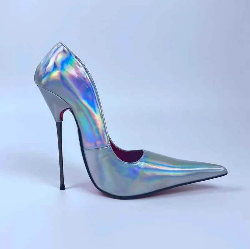 CACA 17cm High Heels,Women Pumps,Long Pointed Toe,Stage Show Shallow Shoes,Colorful Laser Silver,Sexy Patent Leather,Dropship