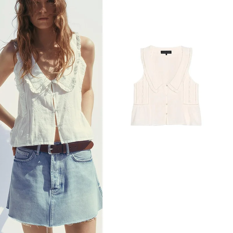 

Sweet Sle Summer New Women's irt Doll Collar Embroidery Svel round Ne Top Polyester Fiber UV Protection Regular L...