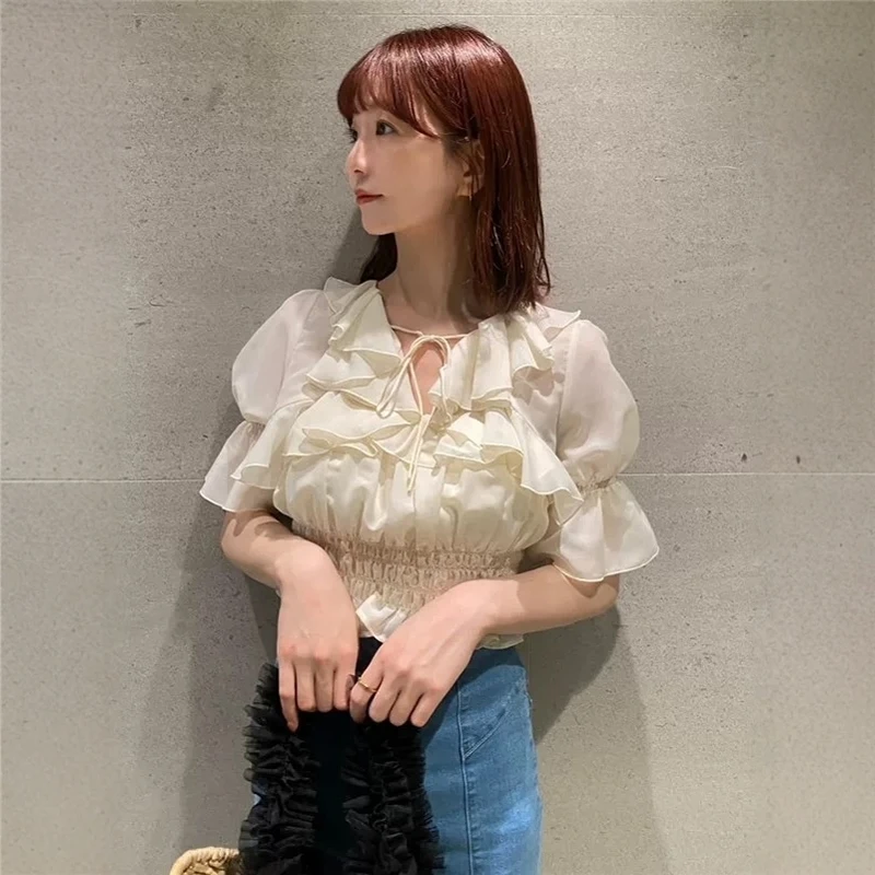 

Torowee Sweet ort Sve irt Women's Faionable Slim Fit V Ne Bubble Sve Pure Color Commute Sle Summer New Arrival