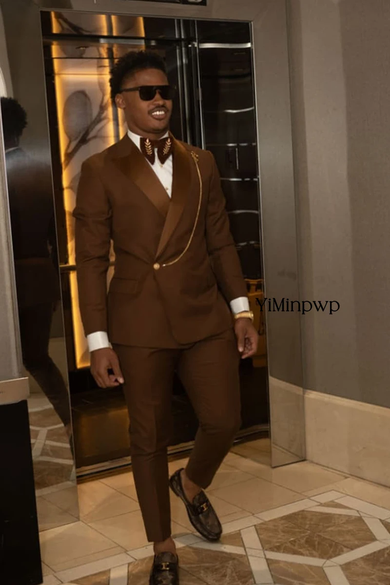 YiMinpwp Afrykański Brązowy Męski Garnitur Slim Fit 2-częściowy Formalny Satynowy Smoking Ślubny Strój Biznesowy Biurowy Garnitur Ślubny dla Pana Młodego XS-5XL